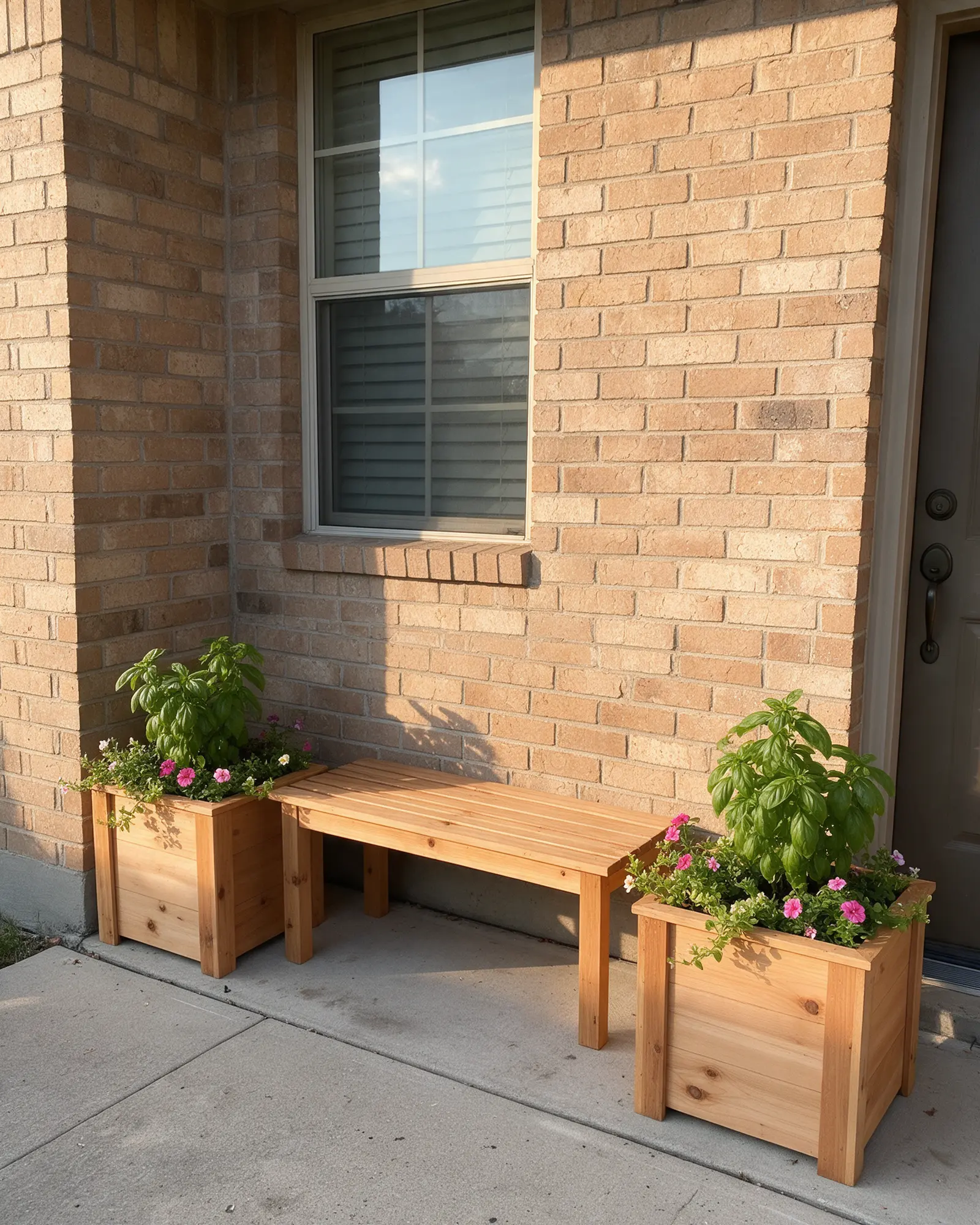 A cedar slat bench against the brick wall beside the front door, a square cedar planter full of basil and petunias on each side, morning sun from the left