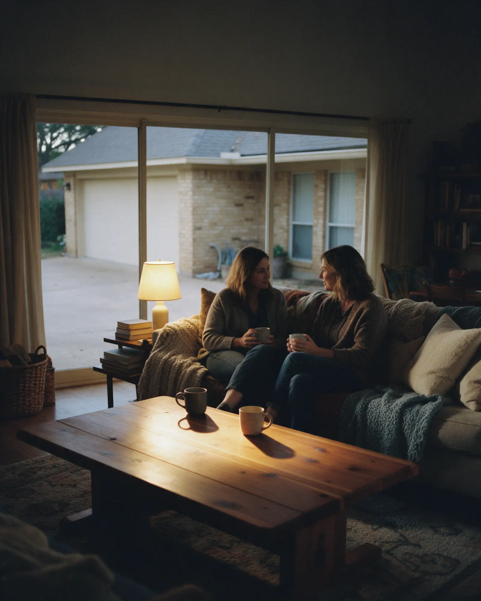 A living room in lamp light: two mugs on a plank cedar coffee table, two women talking on the sofa behind it, the brick house through the window